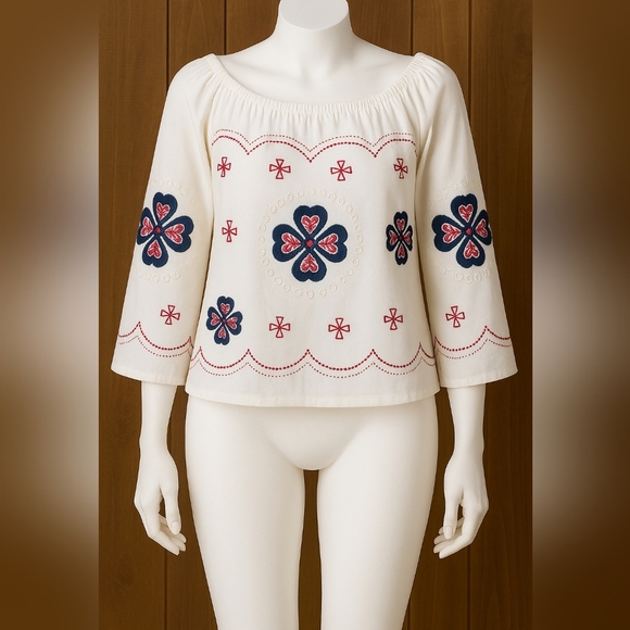 JJ’s Fairyland Embroidered Off-Shoulder Peasant Boho Top White Red Small NWOT - Picture 6 of 6